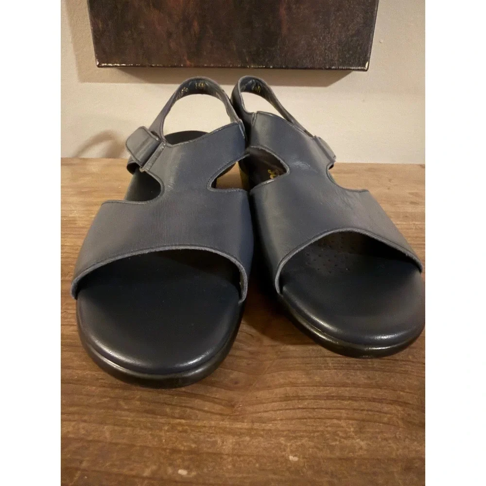 SAS Tripad Comfort Navy Blue Leather Slingback Wedge Sandals Womens 8.5M